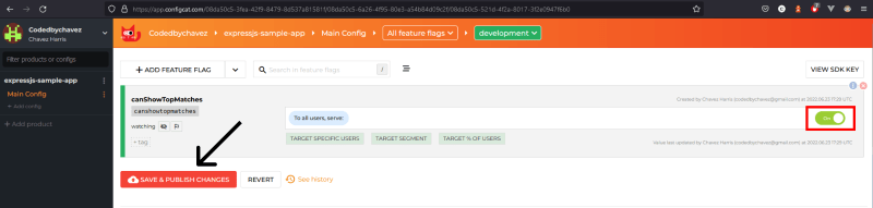 Snapshot of ConfigCat's dashboard - switching a feature flag on