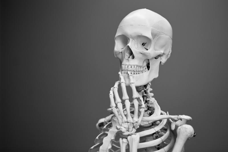 a 3-D image of a human skeleton with the hand held up to the chin in a thinking posture