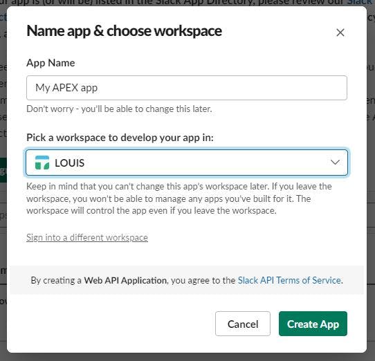 Screenshot showing the Create New App form page