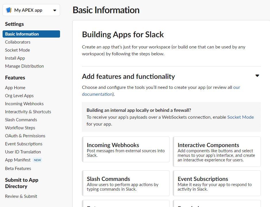 Screenshot showing your Slack application management page