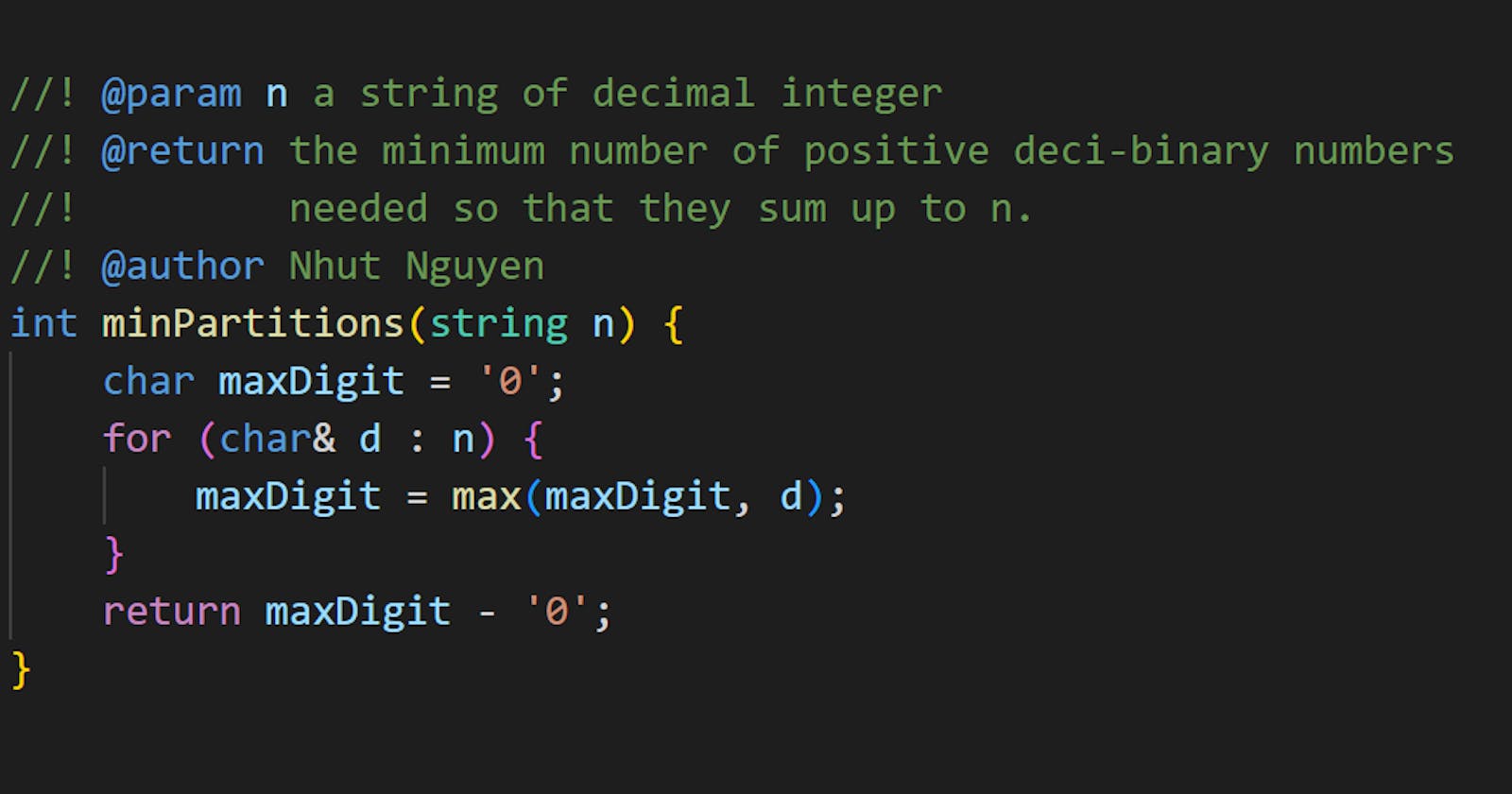 C++ Solution to Coding Challenge 1689. Partitioning Into Minimum Number Of Deci-Binary Numbers