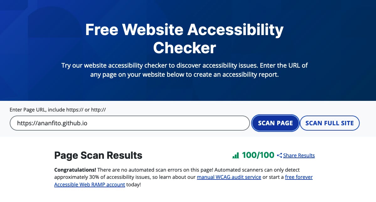 Screen Shot of my accessibility score after I made changes