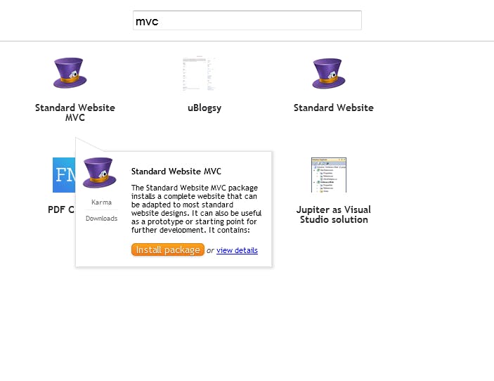 Search and install the Standard Website MVC Starter Kit