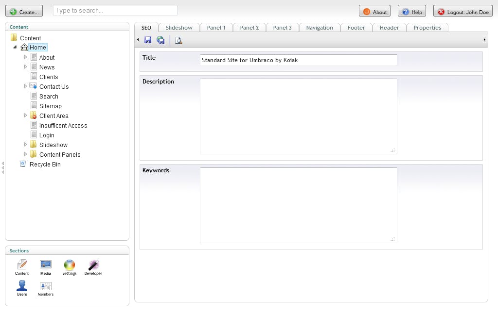 The initial Umbraco back office screen after installation of the MVC package