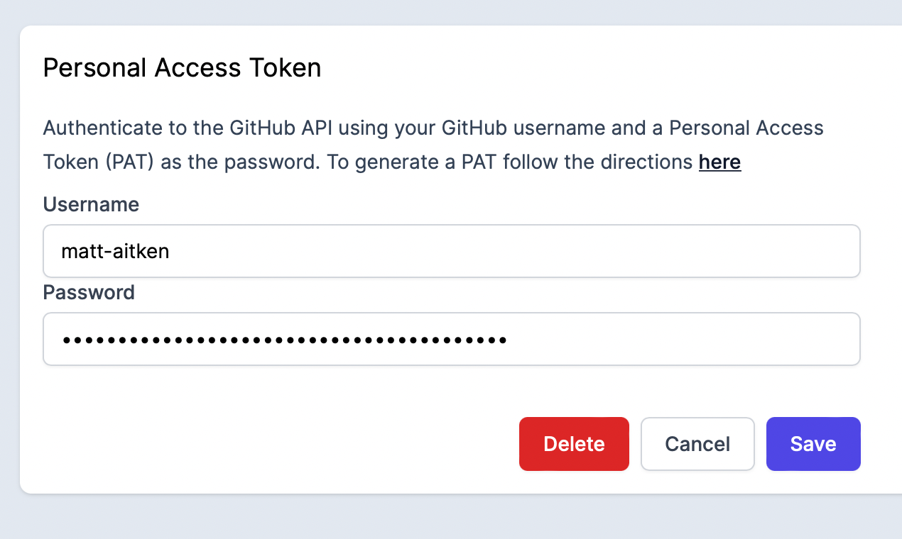 Fill in the personal access token