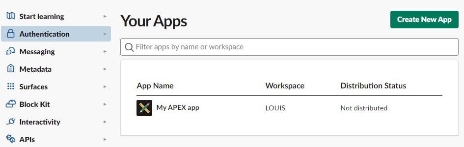Screenshot showing the Slack application named My APEX app