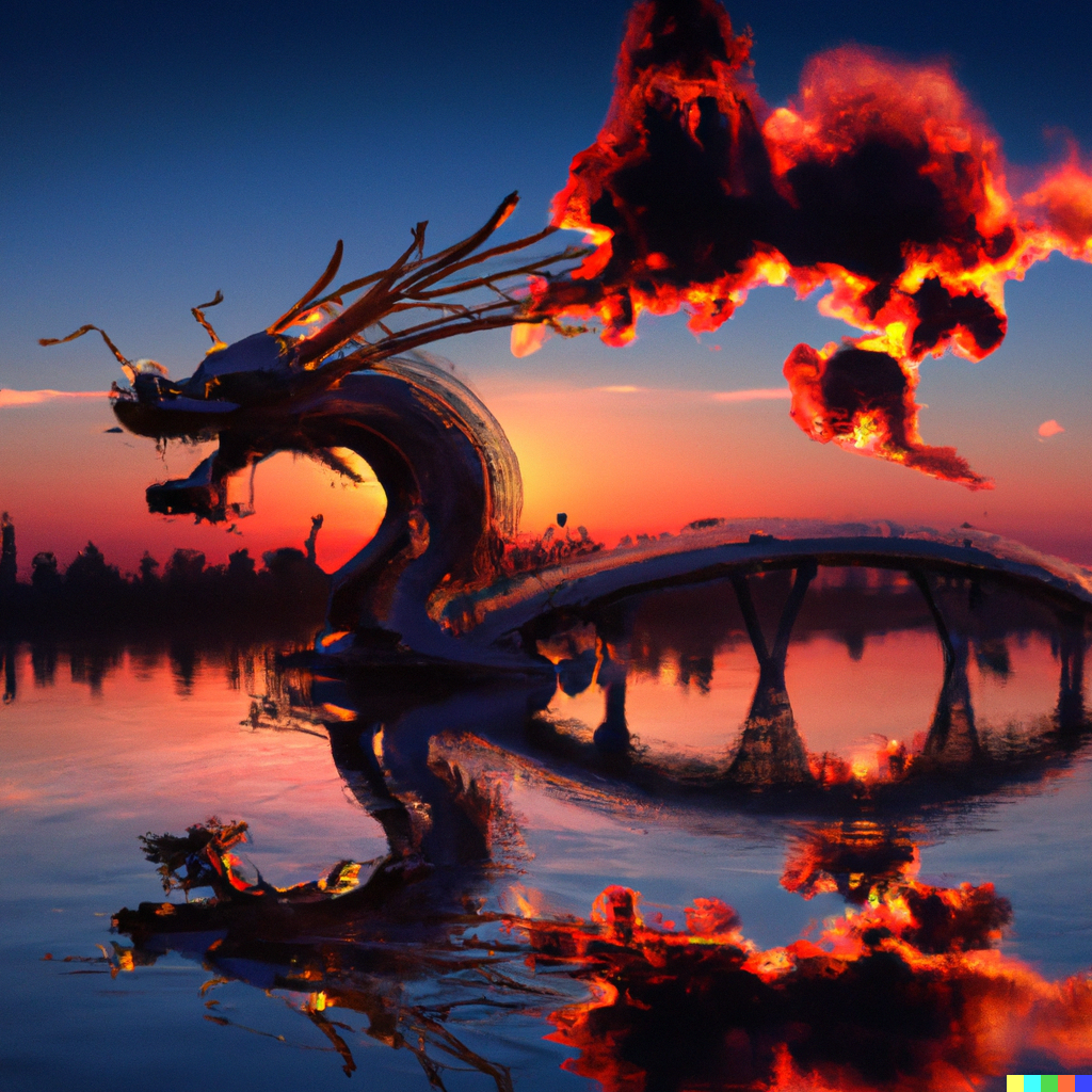 DALLE 2022-09-30 18.54.20 - Sunset landscape where the water is turned into clouds and a bridge is in the shape of a fire breathing dragon which has shiny black scales.png