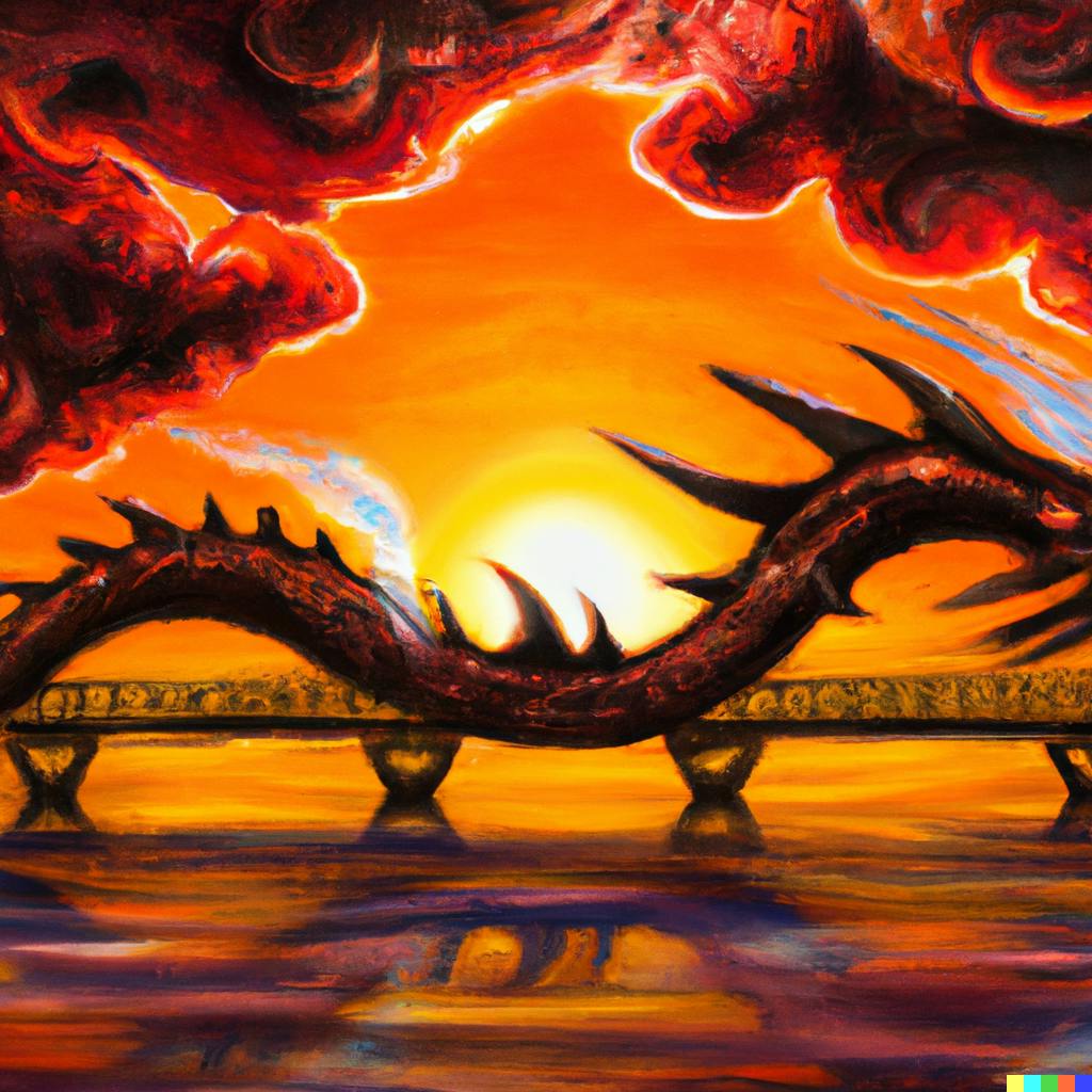 DALL·E 2022-09-30 18.54.29 - Sunset landscape where the water is turned into clouds and a bridge is in the shape of a fire breathing dragon which has shiny black scales.png