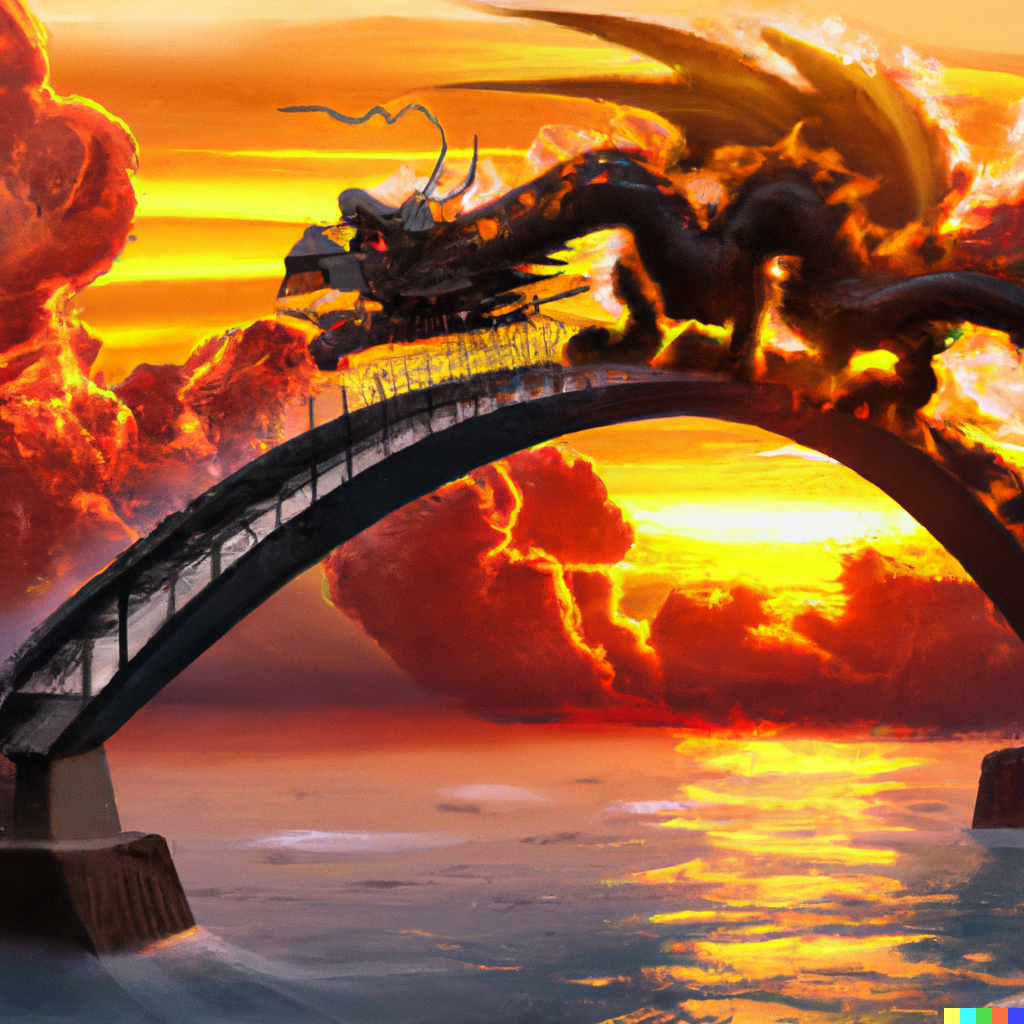 DALLE 2022-09-30 18.54.24 - Sunset landscape where the water is turned into clouds and a bridge is in the shape of a fire breathing dragon which has shiny black scales.png