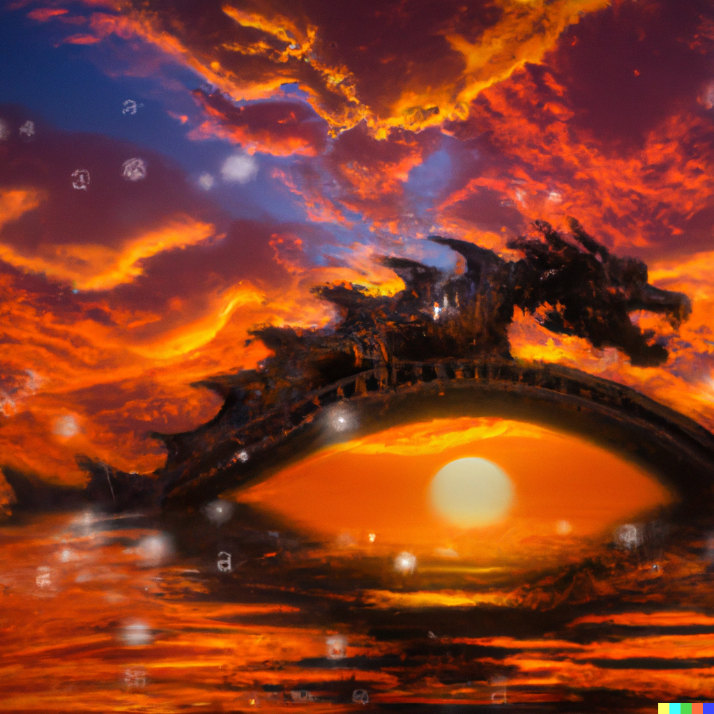 DALLE 2022-09-30 18.54.13 - Sunset landscape where the water is turned into clouds and a bridge is in the shape of a fire breathing dragon which has shiny black scales.png