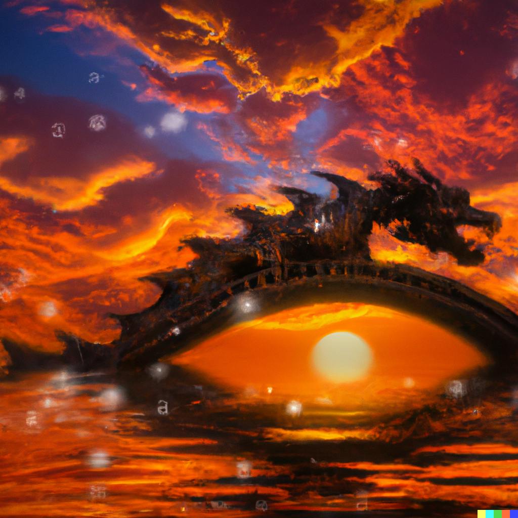 DALL·E 2022-09-30 18.54.13 - Sunset landscape where the water is turned into clouds and a bridge is in the shape of a fire breathing dragon which has shiny black scales.png