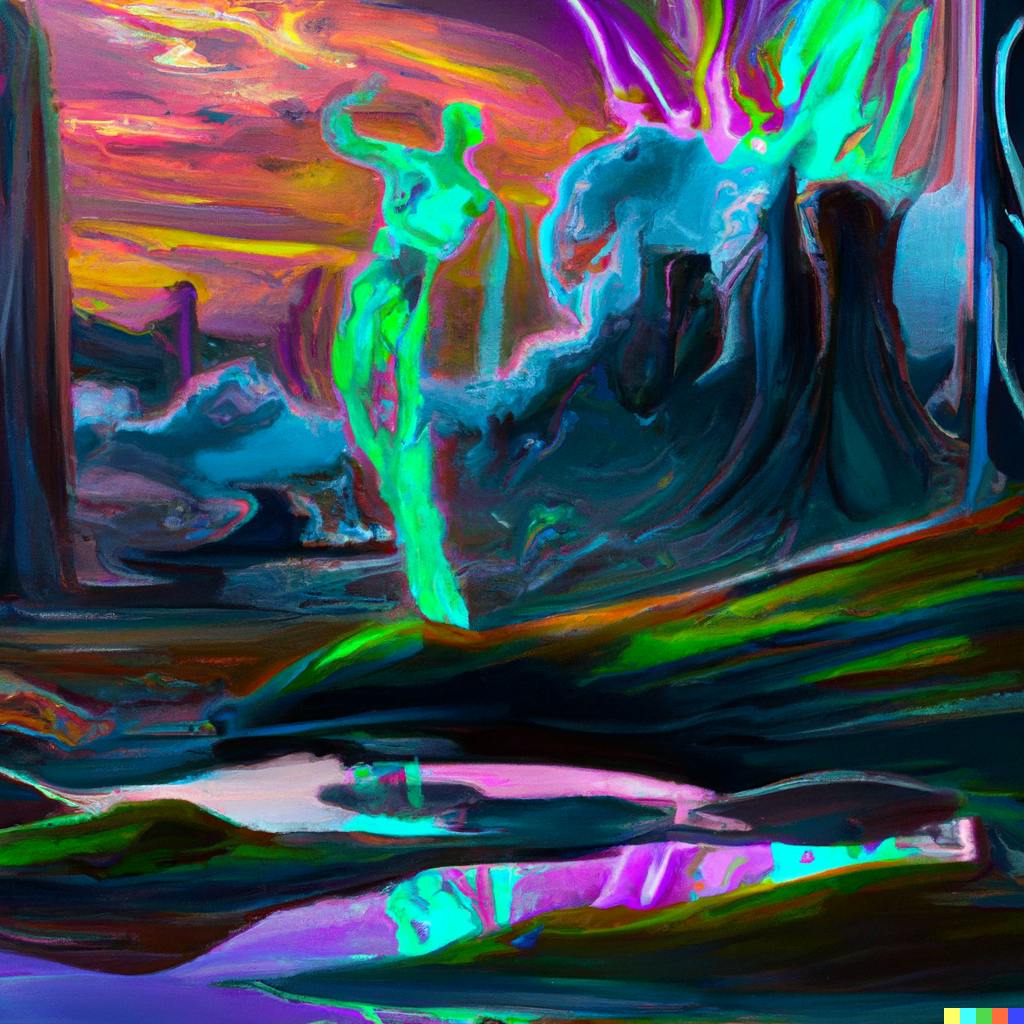 DALL·E 2022-09-28 20.54.36 - A mystical landscape with neon colors bursting from the sky and strange beings descending upon the land in the style of a futuristic digital painting .png