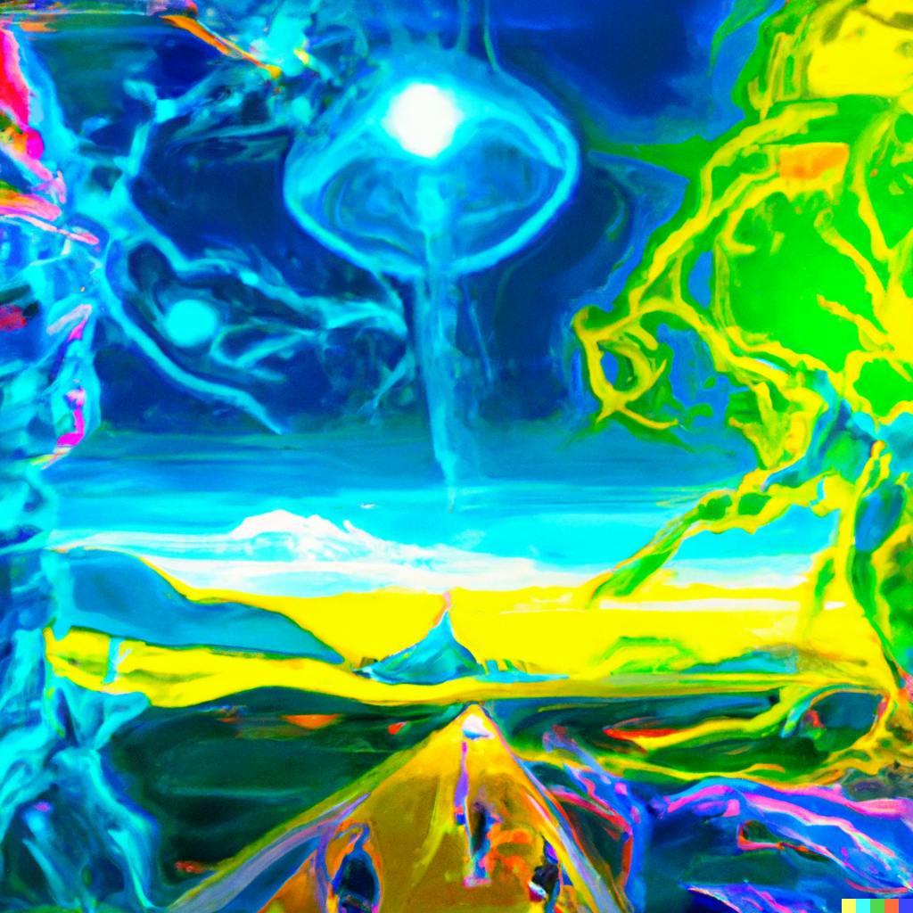 DALL·E 2022-09-28 20.54.42 - A mystical landscape with neon colors bursting from the sky and strange beings descending upon the land in the style of a futuristic digital painting .png