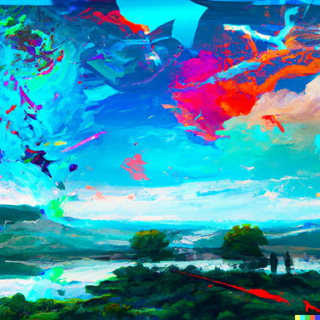 DALL·E 2022-09-28 20.54.39 - A mystical landscape with neon colors bursting from the sky and strange beings descending upon the land in the style of a futuristic digital painting .png