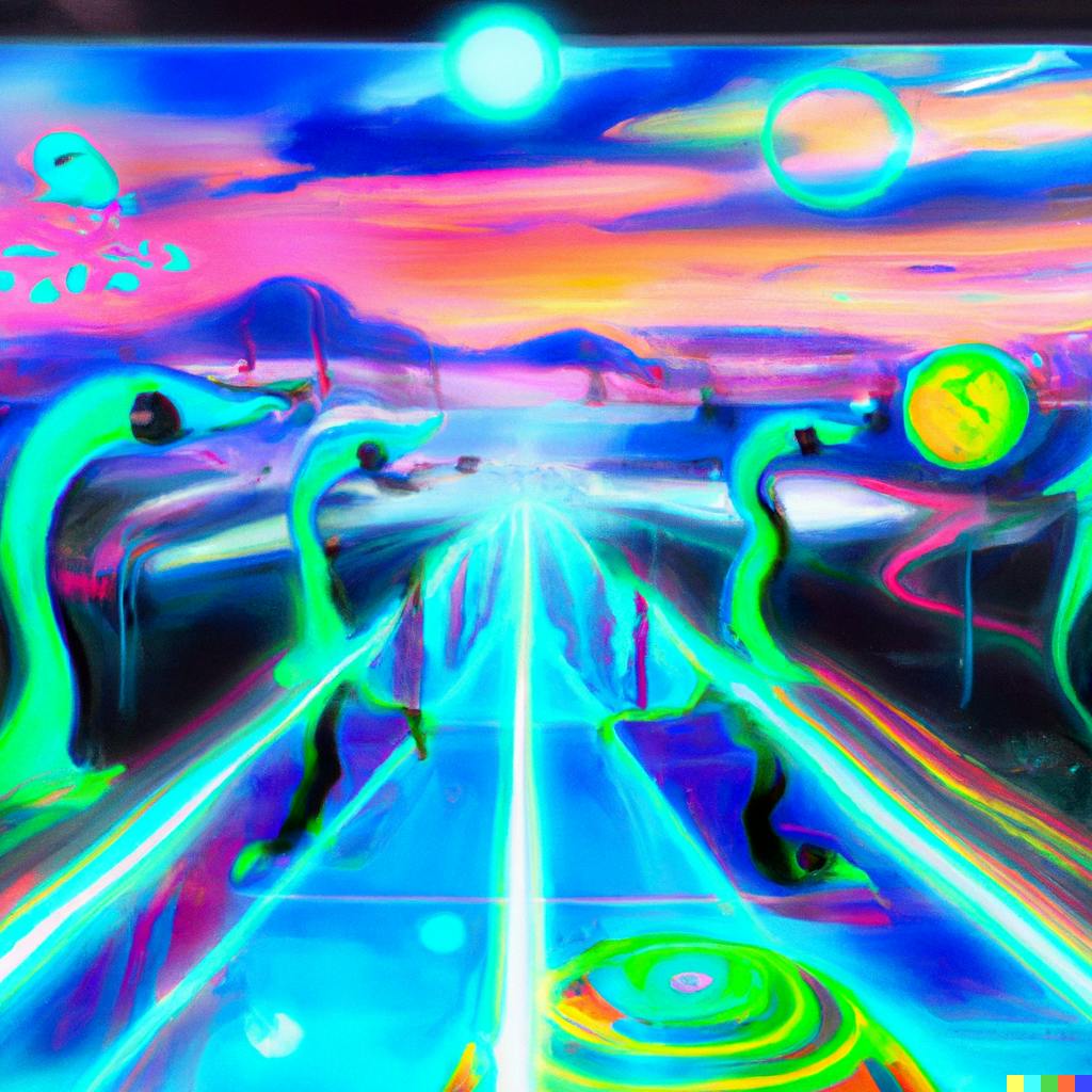 DALL·E 2022-09-28 20.54.31 - A mystical landscape with neon colors bursting from the sky and strange beings descending upon the land in the style of a futuristic digital painting .png