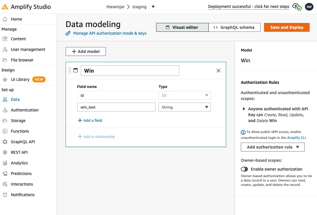 Screenshot of AWS Amplify Studio Data Modeling