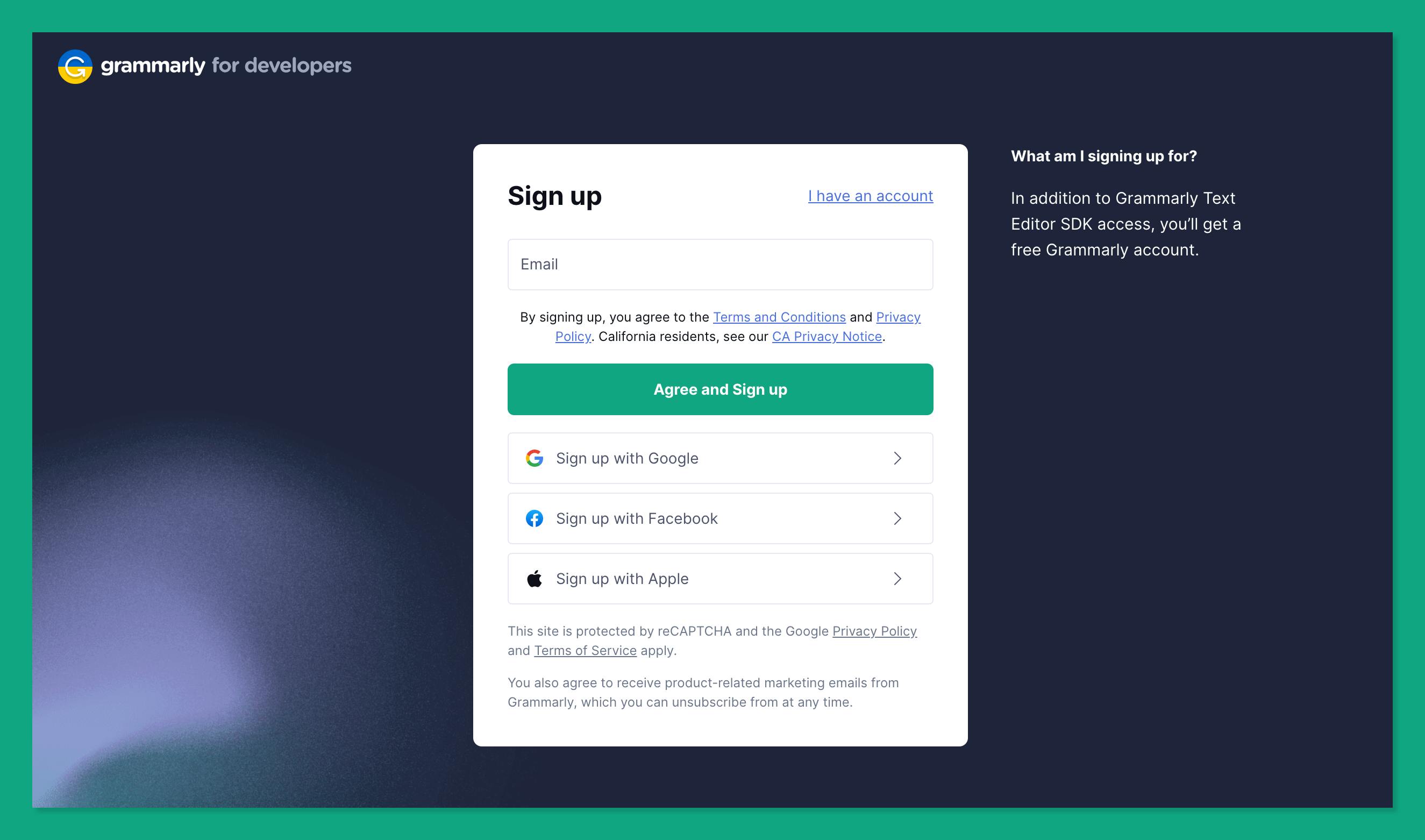 signing up on Grammarly; In addition to Grammarly Text Editor SDK access, you’ll get a free Grammarly account.