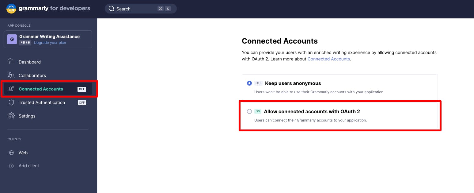 how to enable connected accounts on Grammarly