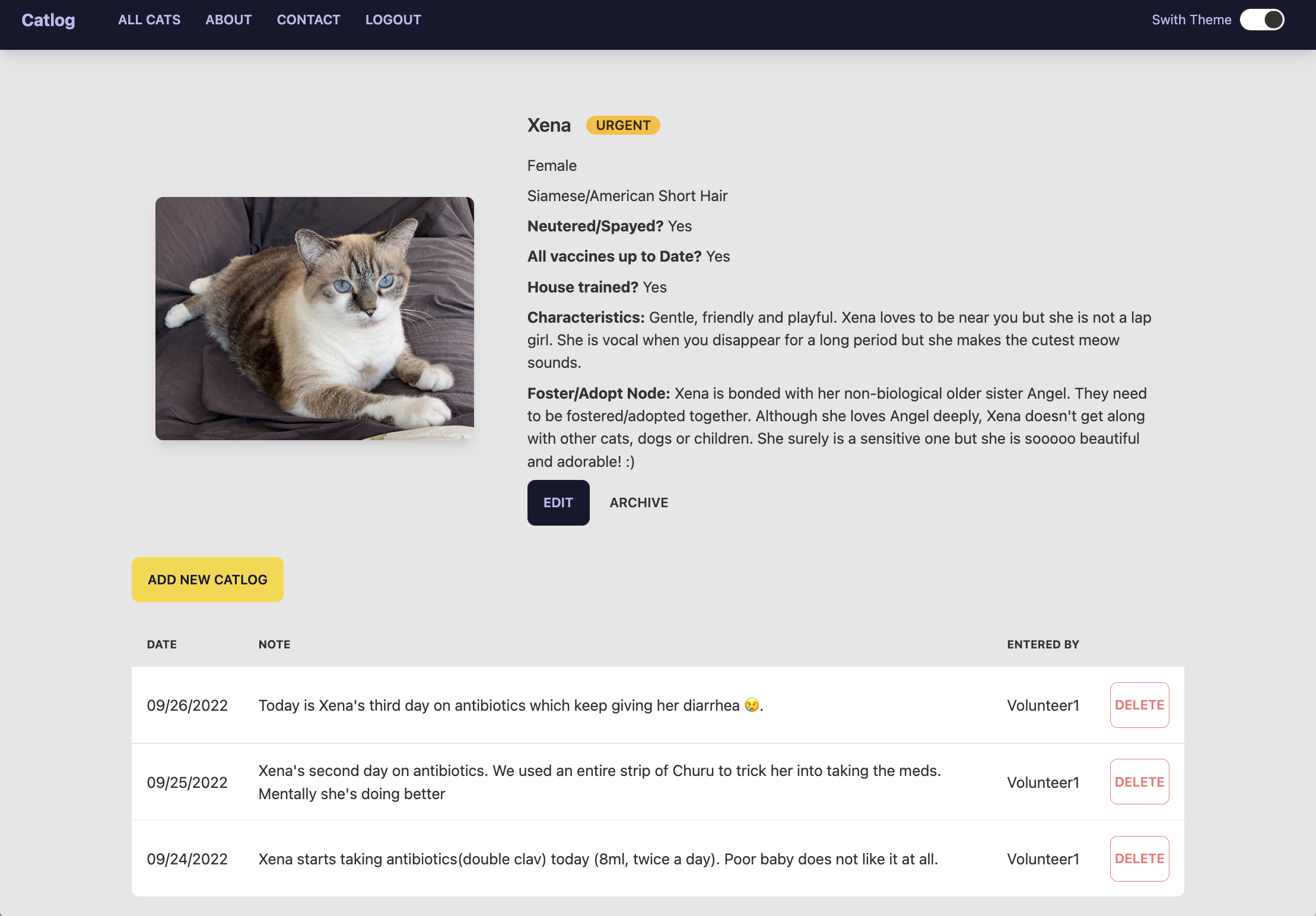 Screen Shot Cat Page with Add New Catlog Button and Delete Buttons