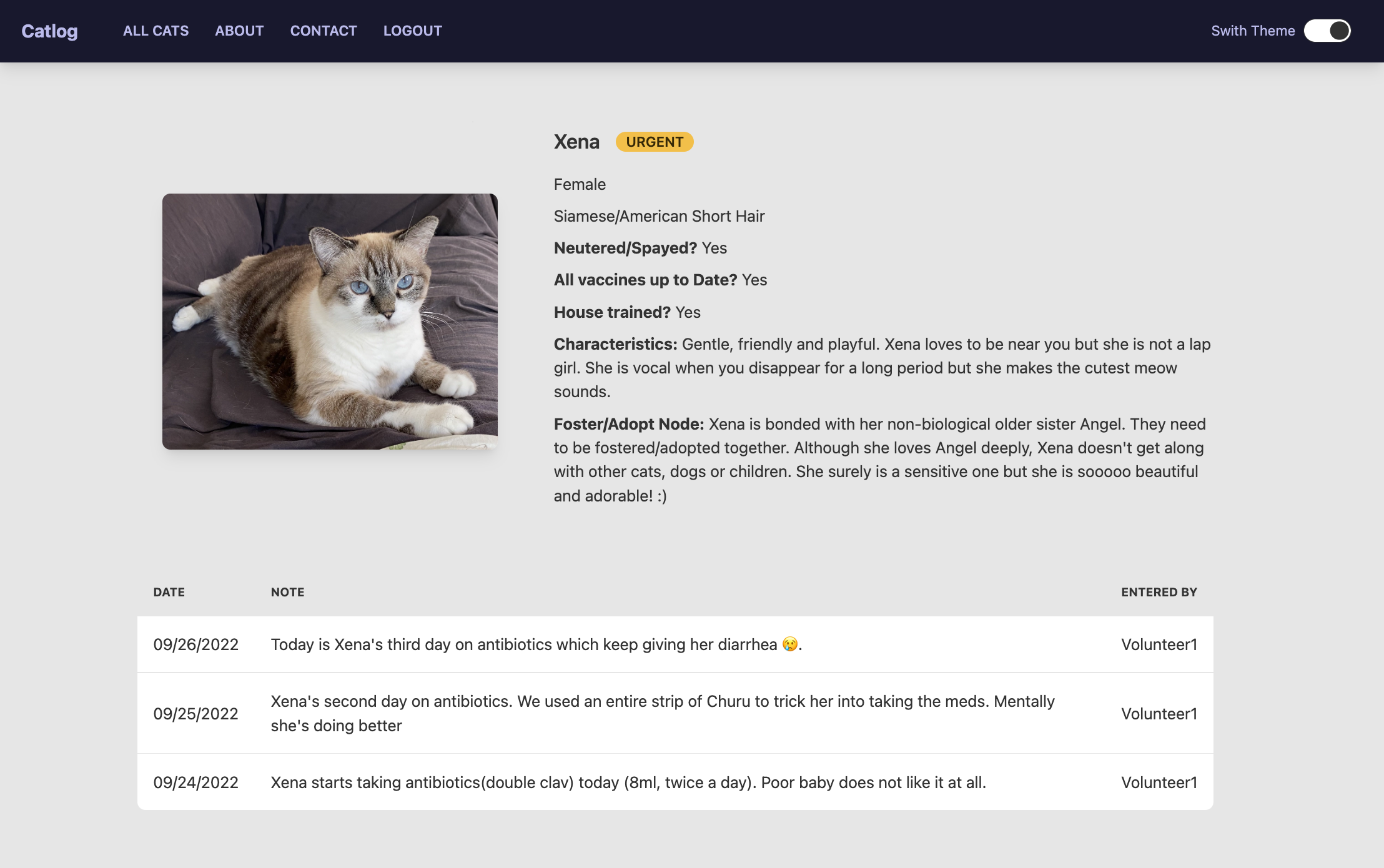 Screen Shot Cat Page Logged in as Volunteer2 (not Xena's foster)