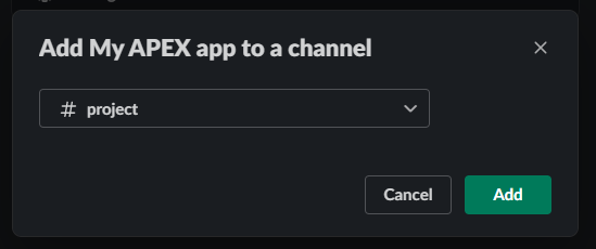 Screenshot showing how to add Slack app to a channel