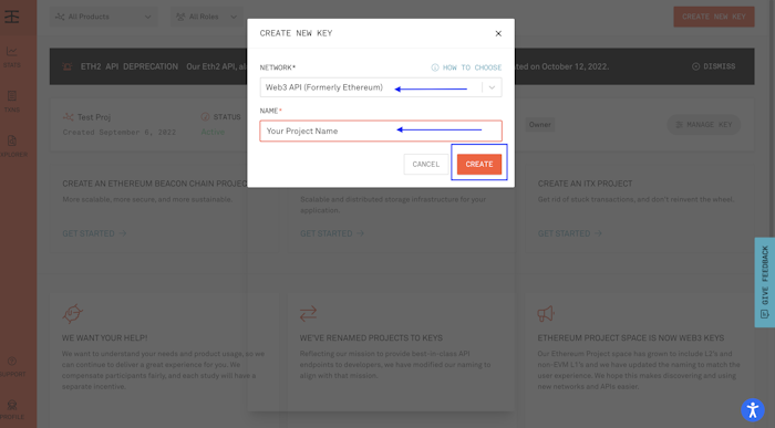 Fill in the information to create a new key - Infura