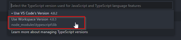 Visual Studio Code: command palette view, "TypeScript: Select TypeScript Version" command, telling VS Code to use workspace version of TypeScript