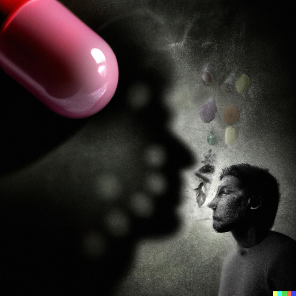 DALLE 2022-10-11 16.11.40 - abstract image of brain haze with a capsule spewing fumes and a disturbing shadow of a person in the background.png