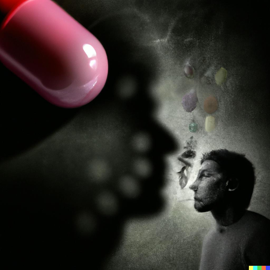 DALL·E 2022-10-11 16.11.40 - abstract image of brain haze with a capsule spewing fumes and a disturbing shadow of a person in the background.png