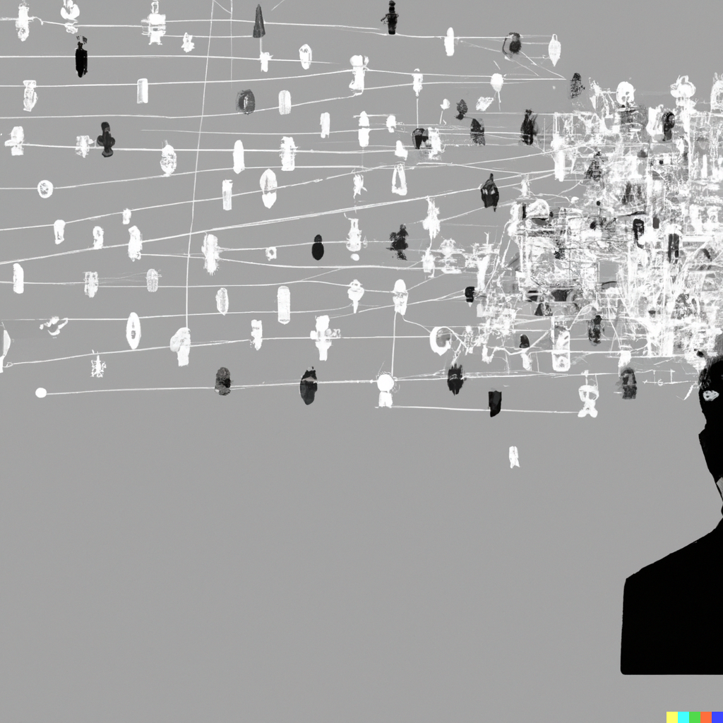 DALLE 2022-10-11 17.00.05 - a network of small white datapoints with a grey background, in one place the points are brushed aside and there's a silhouette of a sad person.png