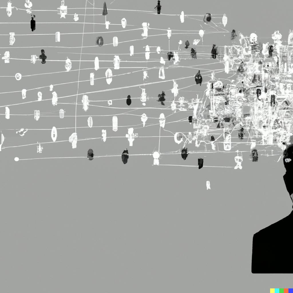 DALL·E 2022-10-11 17.00.05 - a network of small white datapoints with a grey background, in one place the points are brushed aside and there's a silhouette of a sad person.png