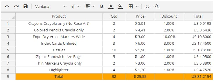 example of Jspreadsheet