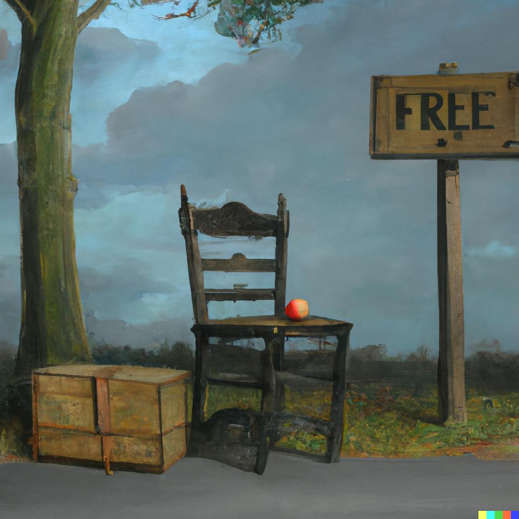DALL·E 2022-10-11 22.46.46 - A painting by Jean-Baptiste-Siméon Chardin featuring a chair on top of which is a crate of apples with a sign saying free next to a road.png