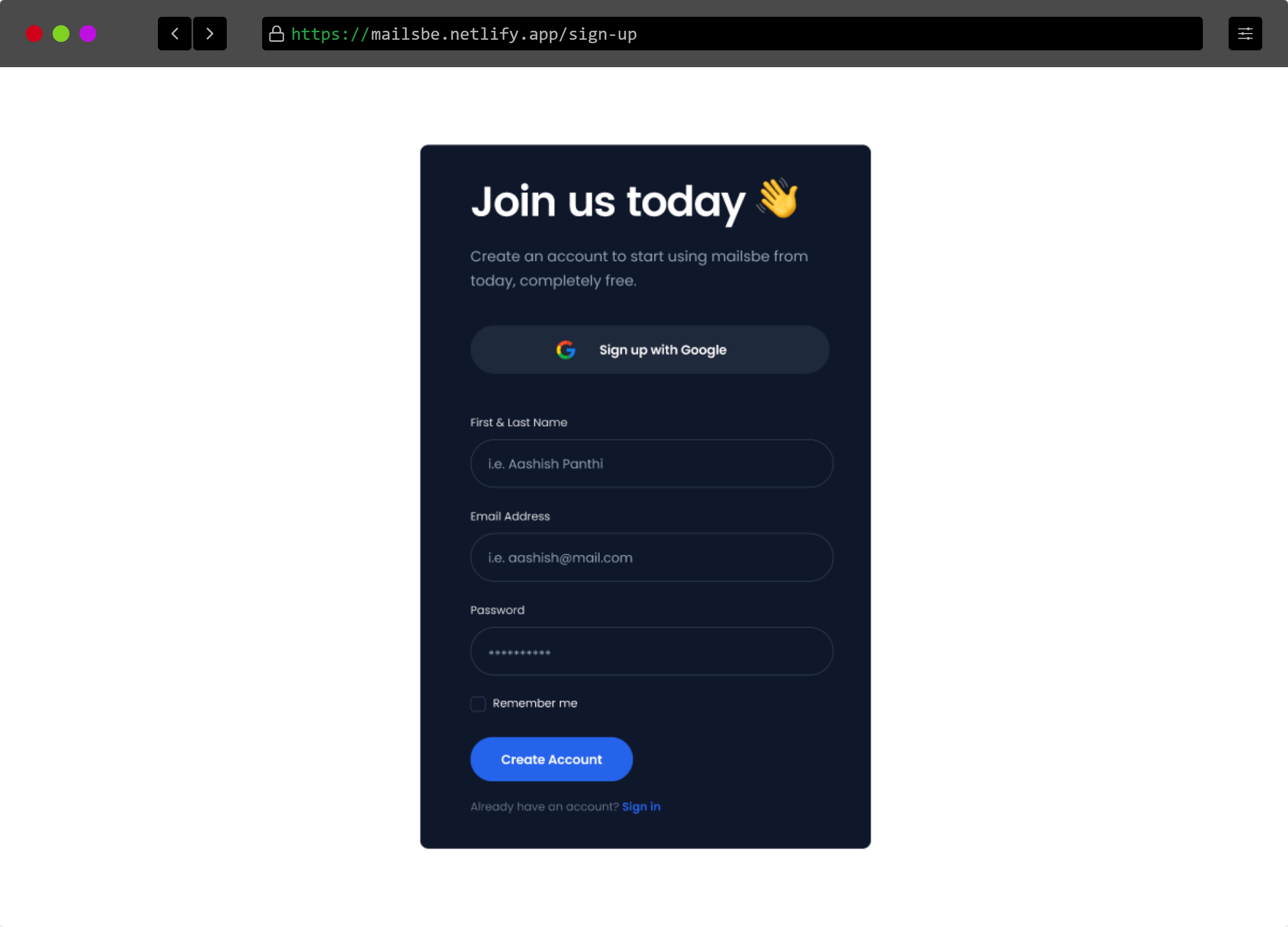 Sign-up page