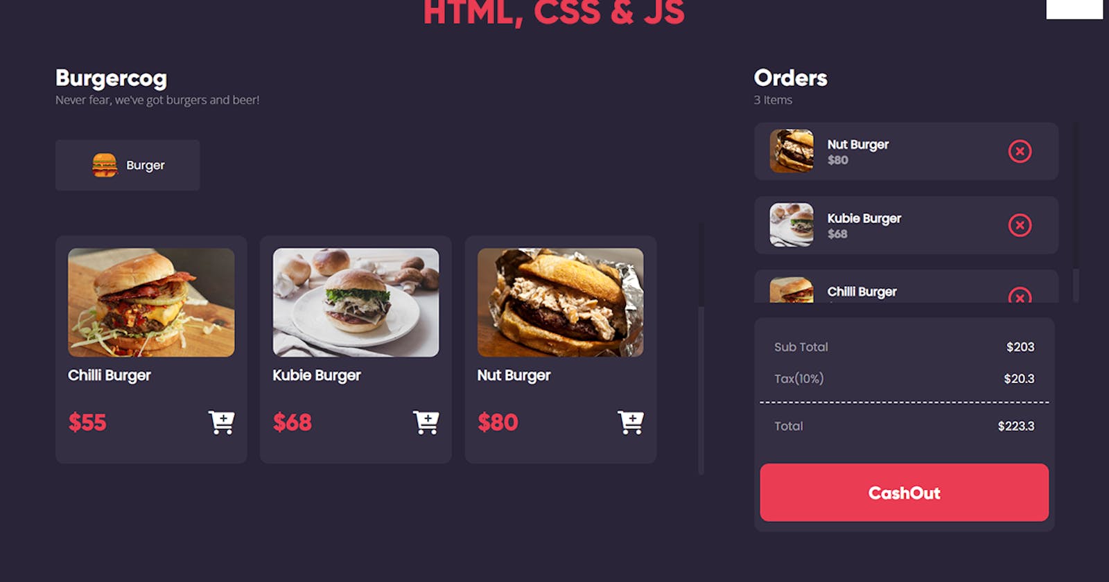 Create Burger Store App | Using HTML, CSS & JS