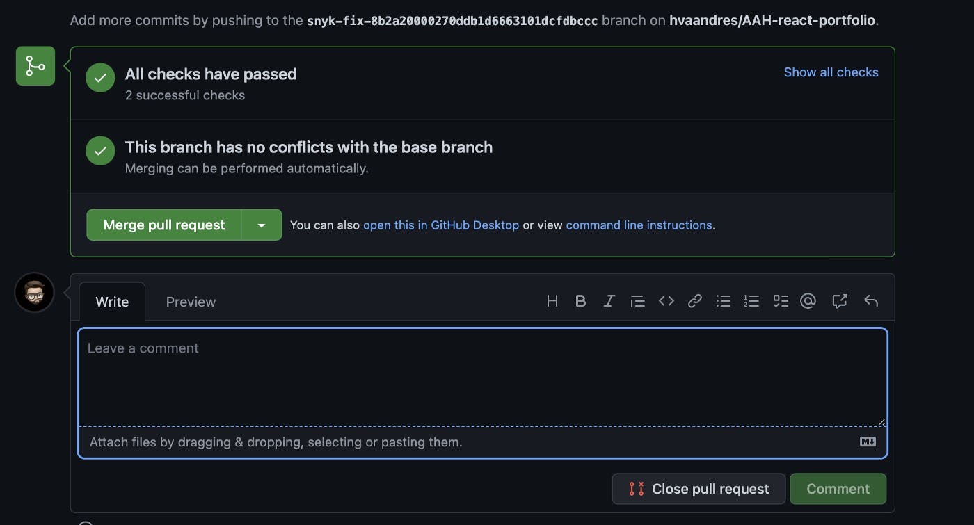 Screenshot of "All checks have passed" and "This branch has no conflicts" popup in GitHub.