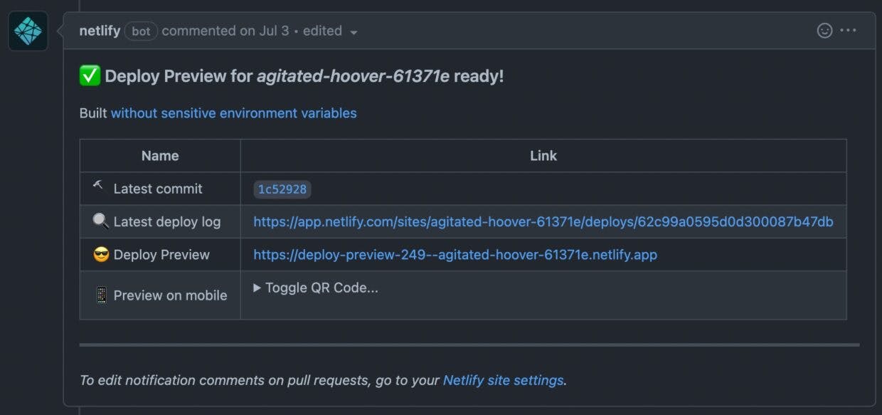 Netlify Preview integration into a GitHub repository which shows the deployed frontend build.