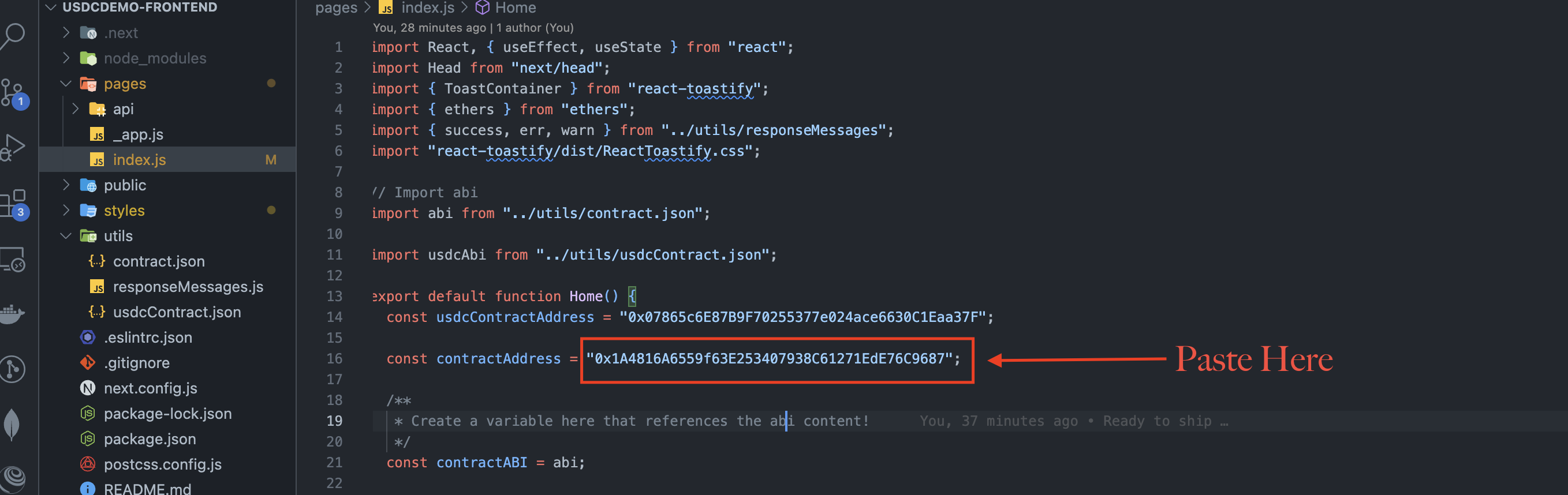 Paste the contract address in the React application