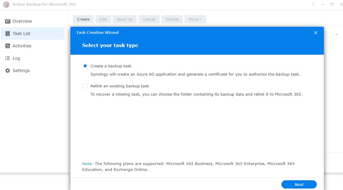 Create a new task in Active Backup for Microsoft 365.