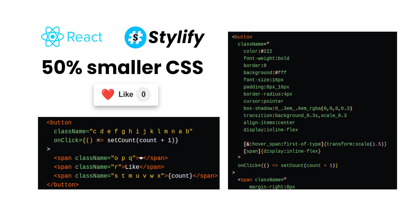 Simple React like button with Stylify CSS. From Utilities to Components, mangled selectors, and 50% smaller production build.