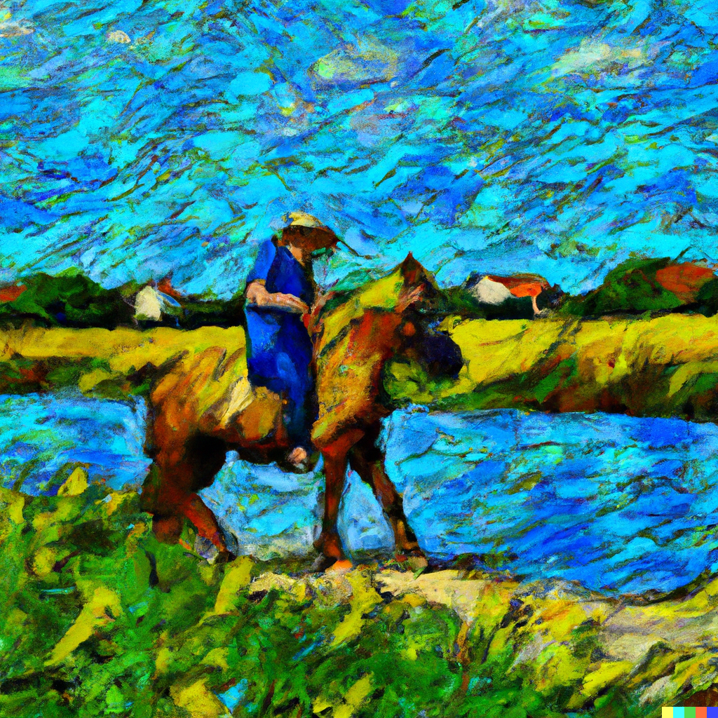DALL E - generate an image of a person riding a horse near the river, in the style of the famous painter Van Gogh