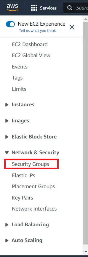 select Security Group from sidebar