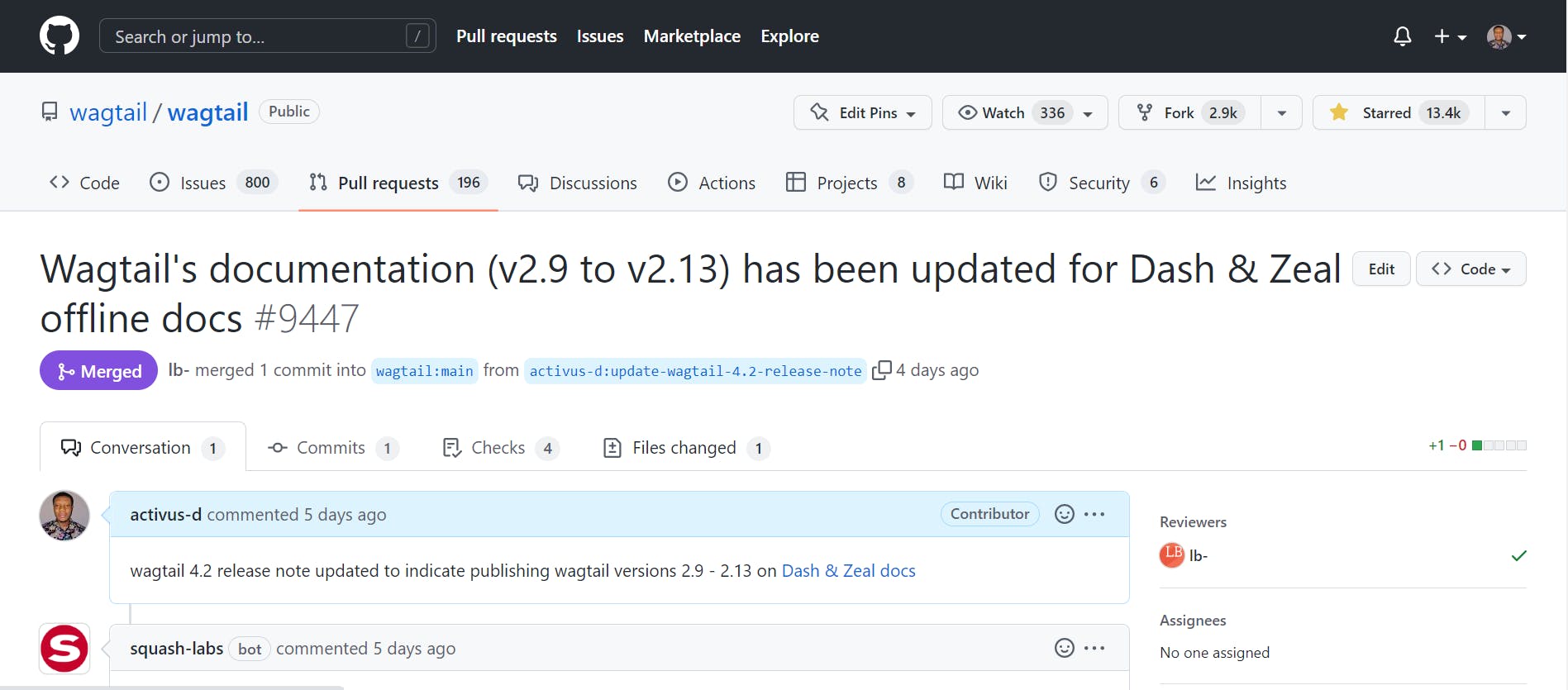 Screenshot showing pull request to update wagtail docs to Dash and Zeal offline docs