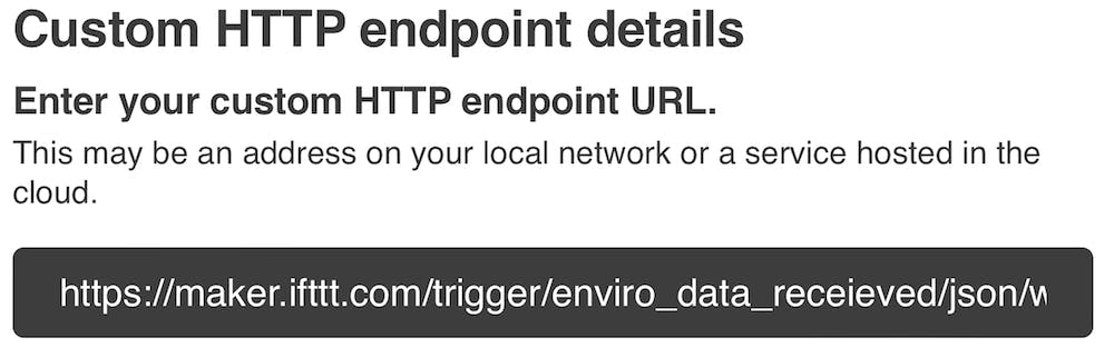 Screenshot showing the Custom endpoint details that have been filled in with ITTT's Webhooks key