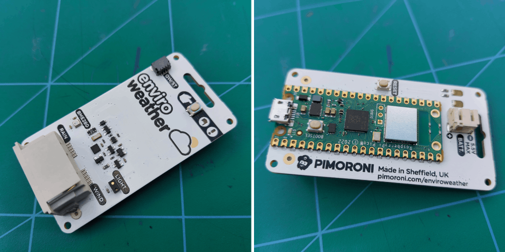 Photo showing both sides of the Pimoroni Enviro Weather all-in-one IoT device