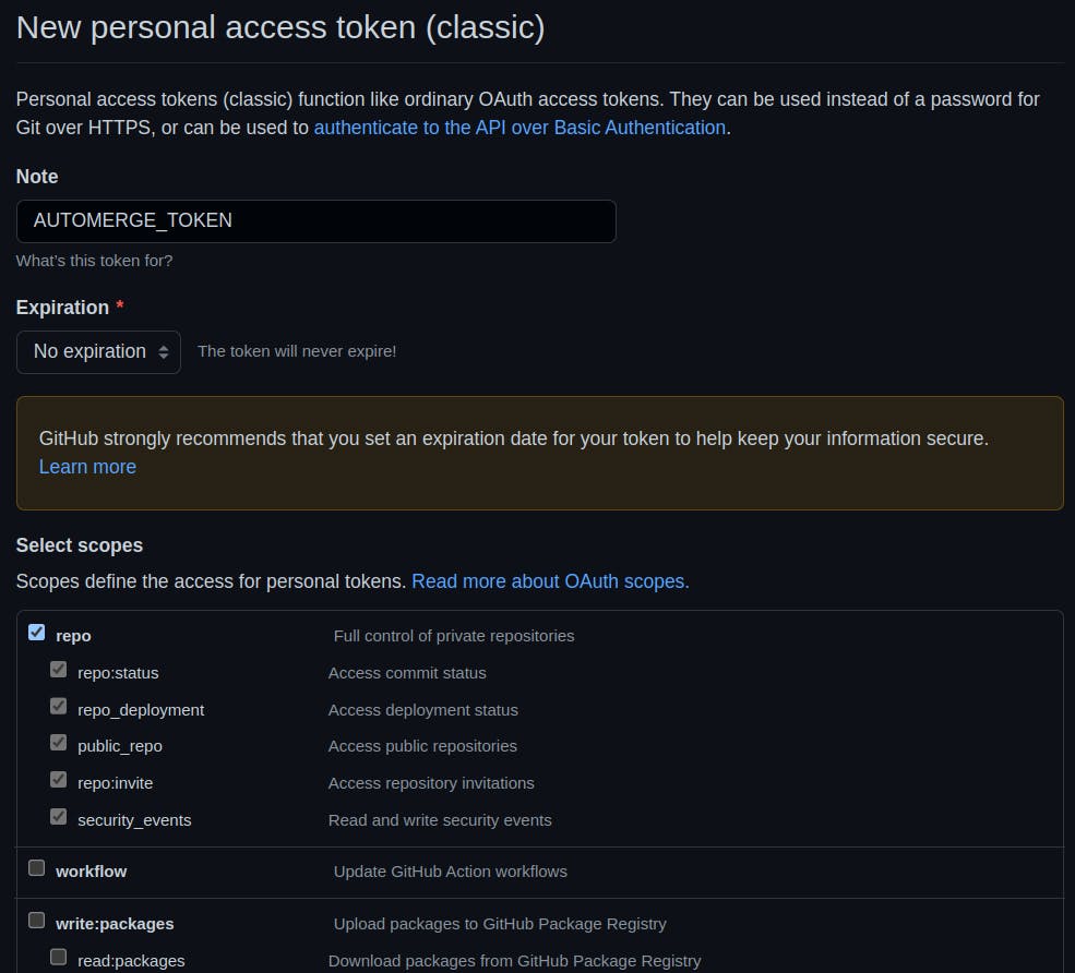 New personal access token