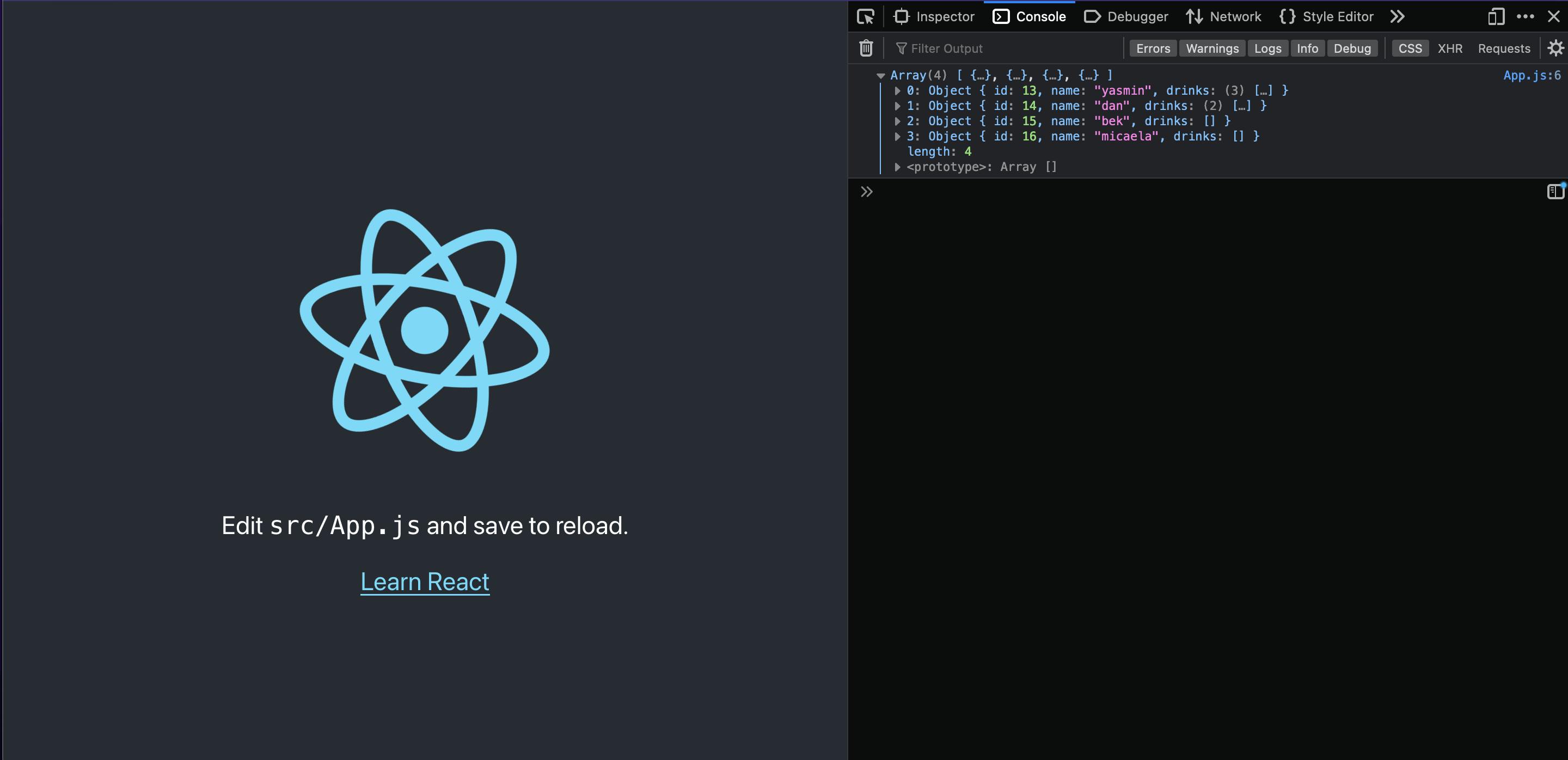 React app in browser with console open showing the JSON response