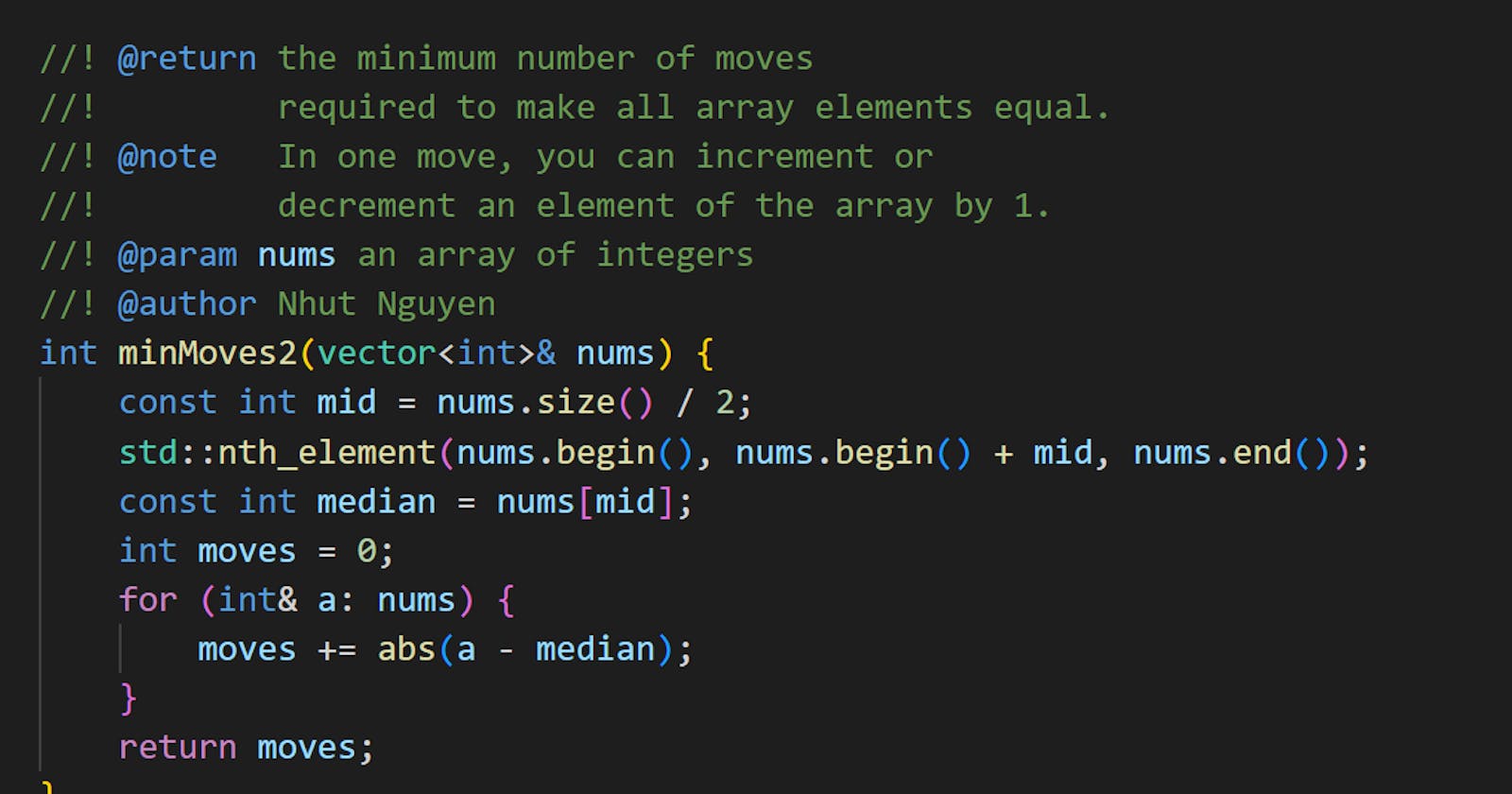 C++ Solution to Coding Challenge 462. Minimum Moves to Equal Array Elements II