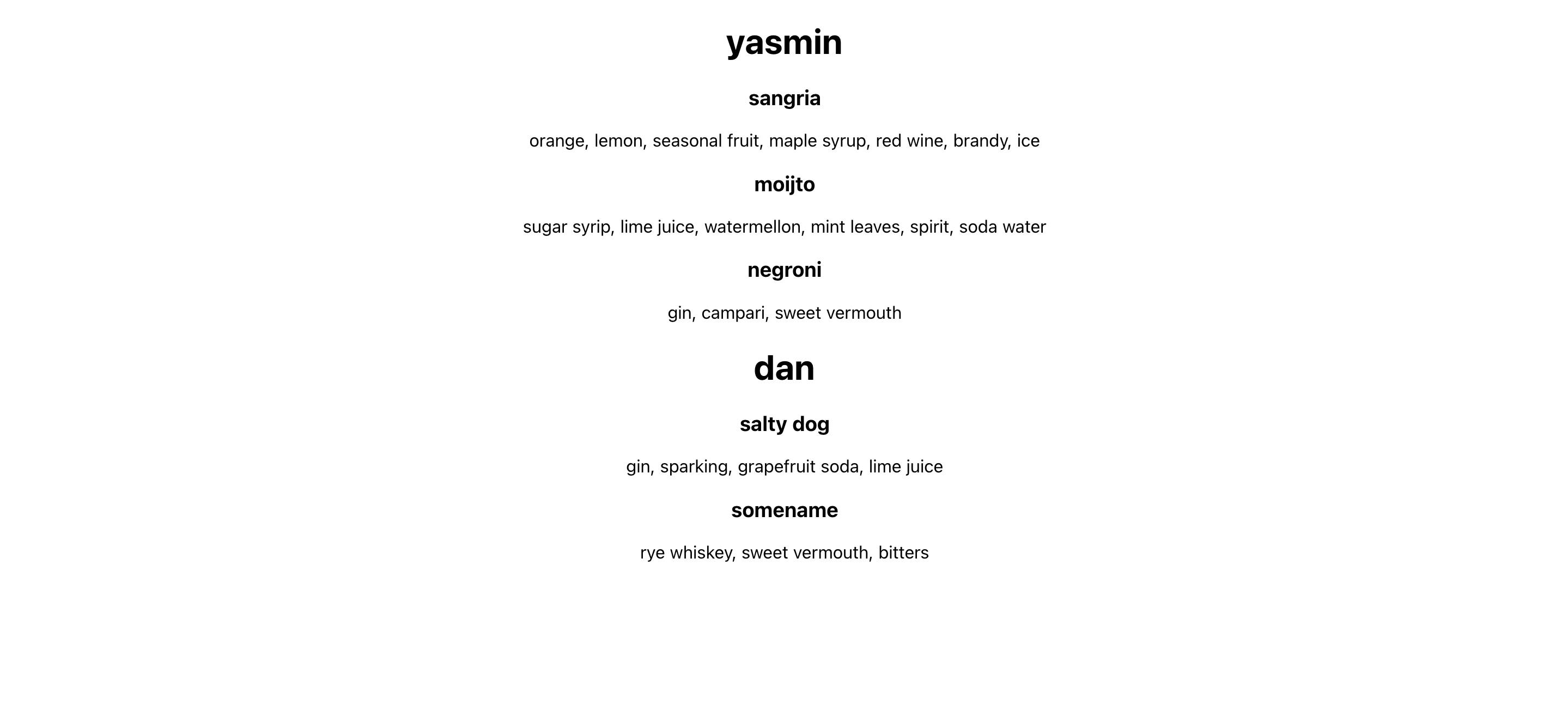 the name Yasmin followed by sangria and a list of ingredients, and the name Dan followed by a list of ingredients