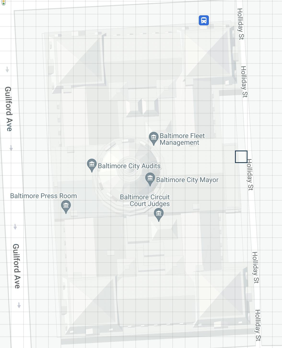 Screenshot of What3Words showing the 3 meter grid overlaying Baltimore City Hall